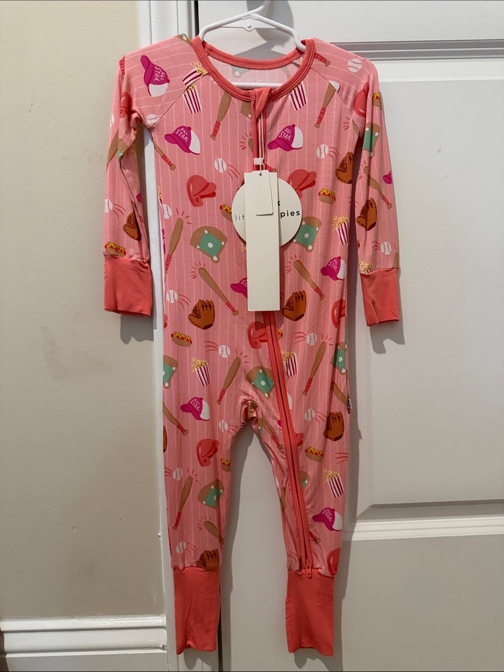 Little Sleepies 12-18m Coral Pink Baseball-Print Footed One-Piece
